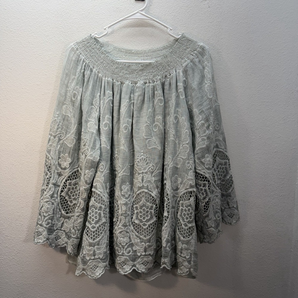 Belle France 100% Cotton Embroidered Boho Peasant Blouse Off The Shoulder SZ L‎